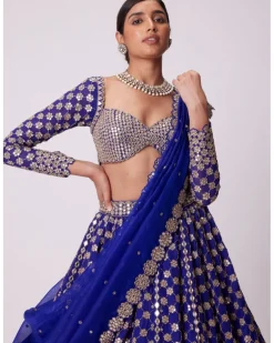 Persian Blue Mirror Flower Hand Embroidered Lehenga
