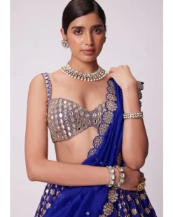 Persian Blue Mirror Flower Hand Embroidered Lehenga
