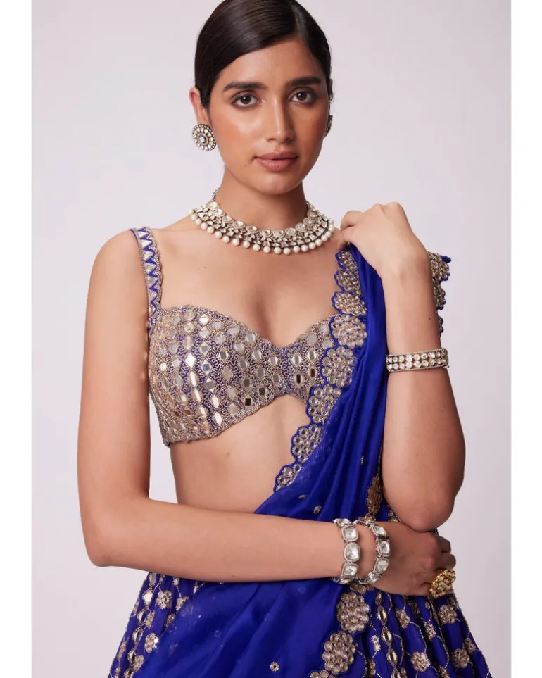 Persian Blue Mirror Flower Hand Embroidered Lehenga