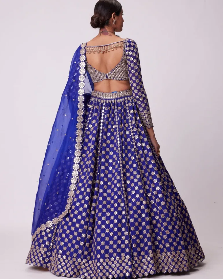 Persian Blue Mirror Flower Hand Embroidered Lehenga