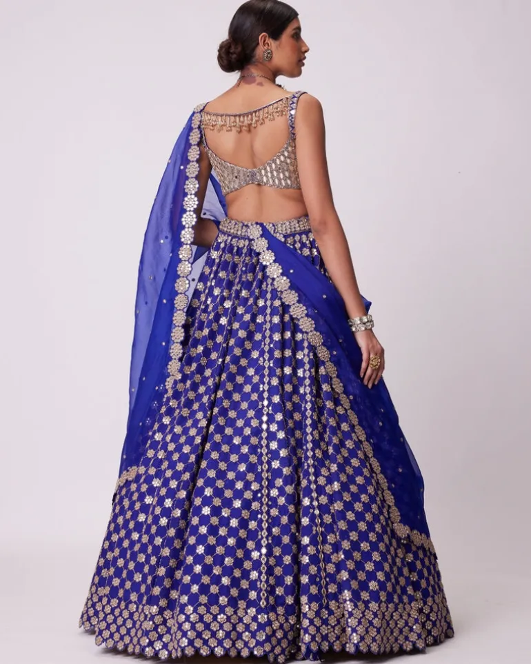 Persian Blue Mirror Flower Hand Embroidered Lehenga