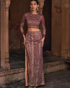 Pheobe Maroon Embroidered Crop Top Skirt Set