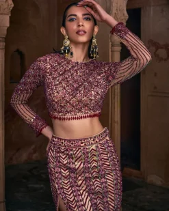 Pheobe Maroon Embroidered Crop Top Skirt Set