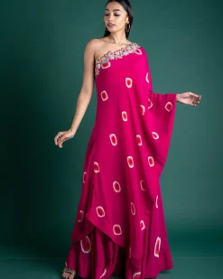 Pink & Orange One-Shoulder Top with Gharara Set