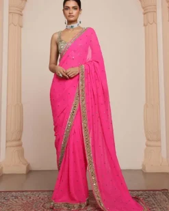 Pink And Gold Embroidered Sari Set