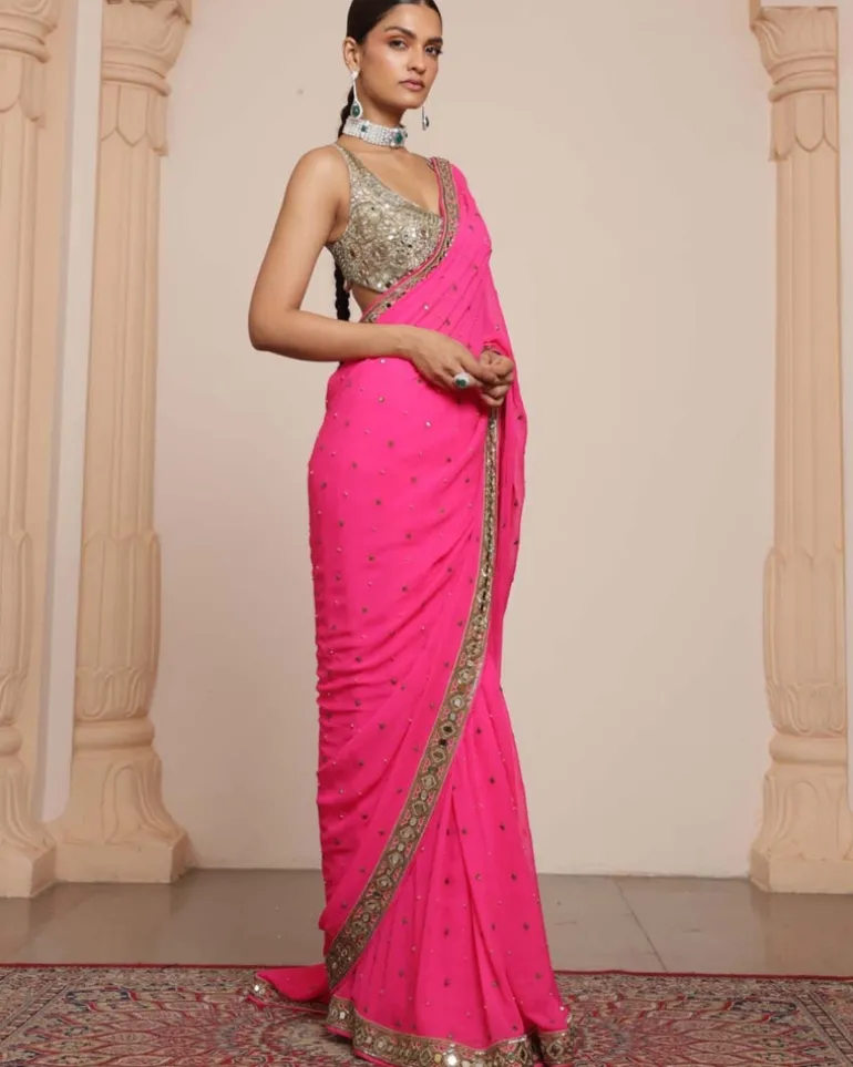 Pink And Gold Embroidered Sari Set