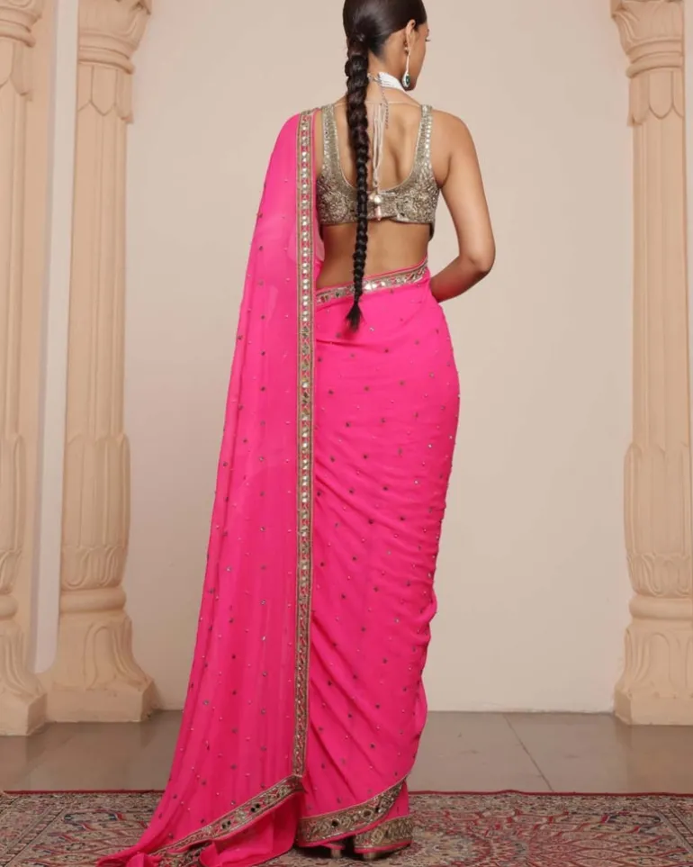 Pink And Gold Embroidered Sari Set