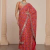 Pink And Rose Gold Ruffle Sari Set