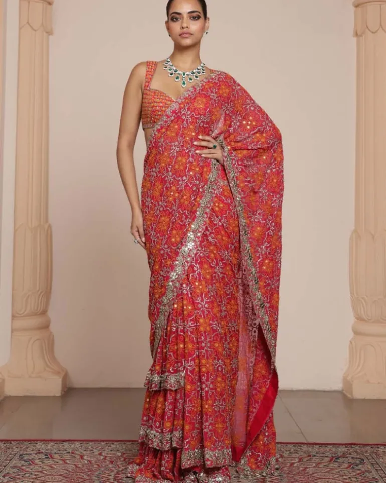 Pink And Rose Gold Ruffle Sari Set