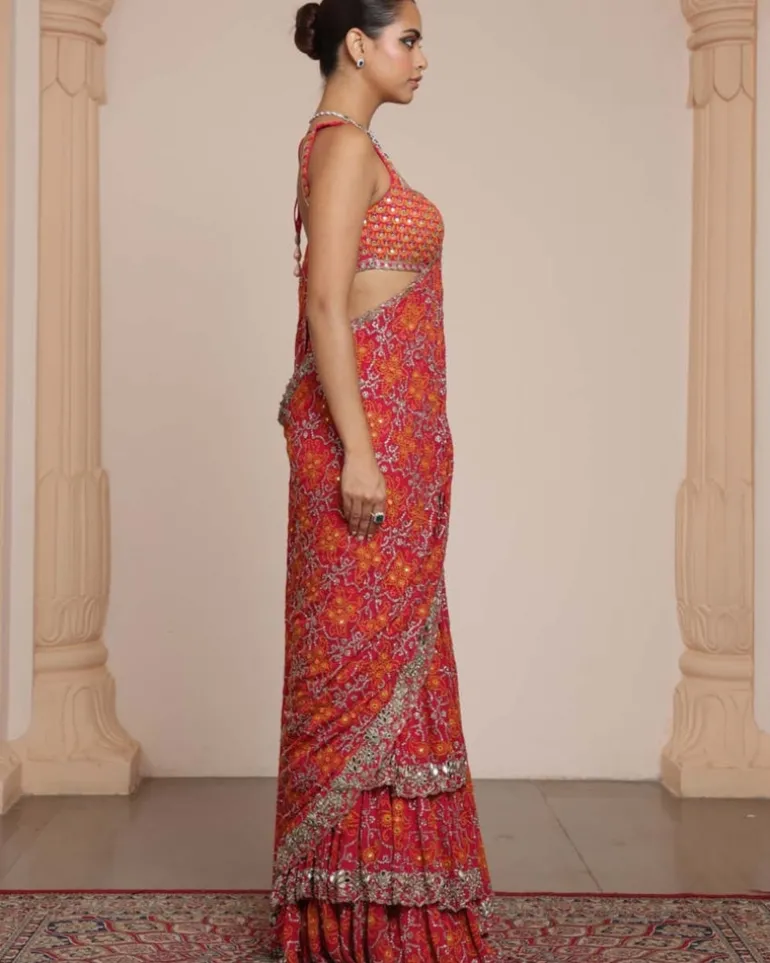 Pink And Rose Gold Ruffle Sari Set