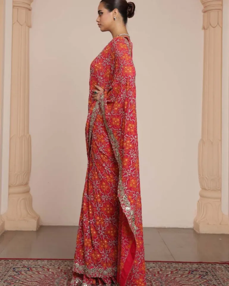 Pink And Rose Gold Ruffle Sari Set