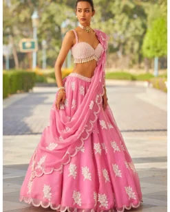 Pink Applique Flower Lehenga Set