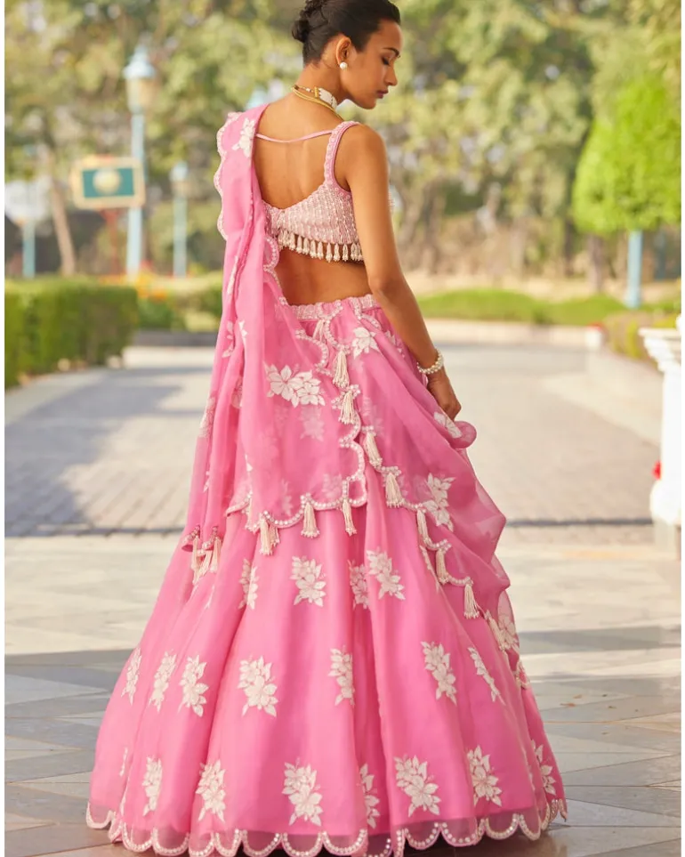 Pink Applique Flower Lehenga Set