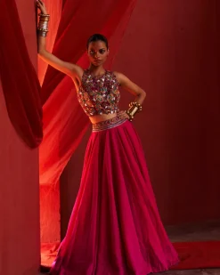 Pink Chanderi Embroidered Lehenga Set