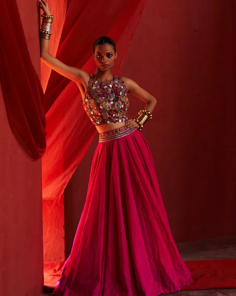 Pink Chanderi Embroidered Lehenga Set