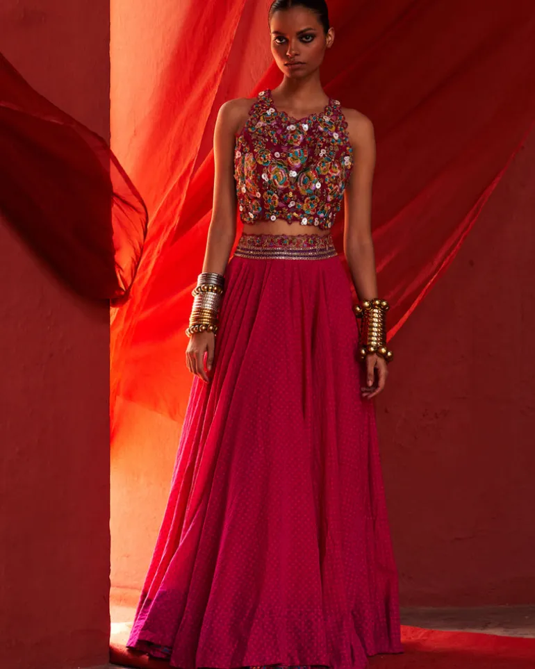 Pink Chanderi Embroidered Lehenga Set