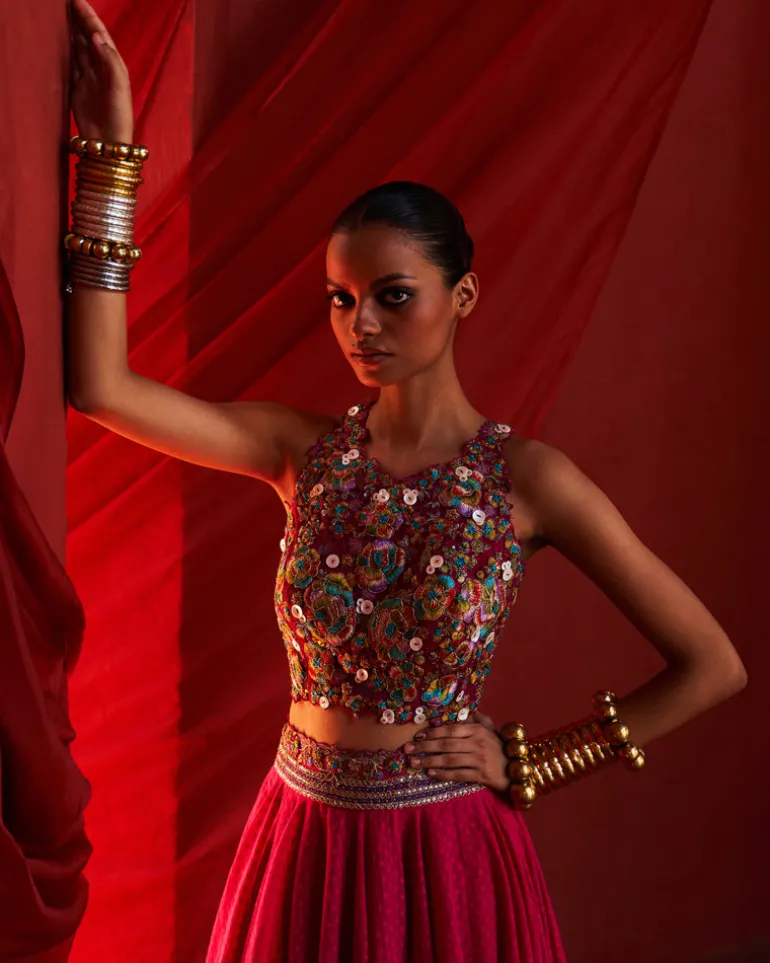 Pink Chanderi Embroidered Lehenga Set