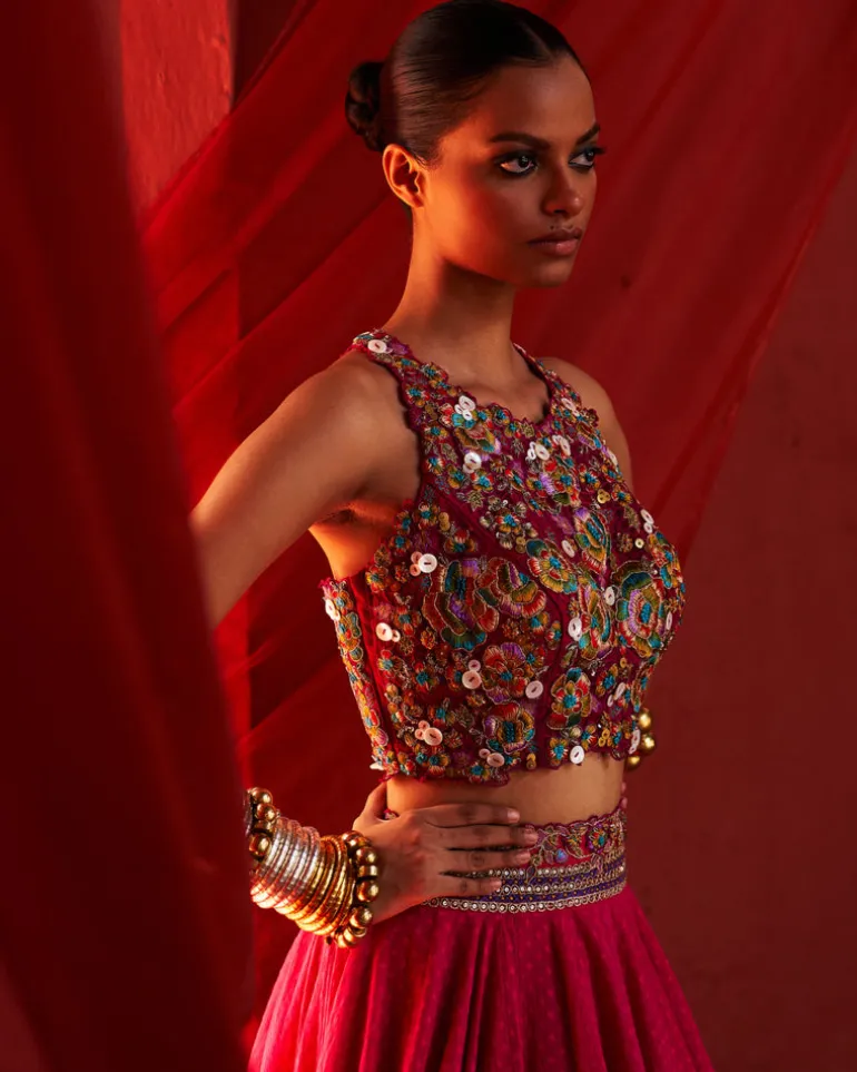 Pink Chanderi Embroidered Lehenga Set