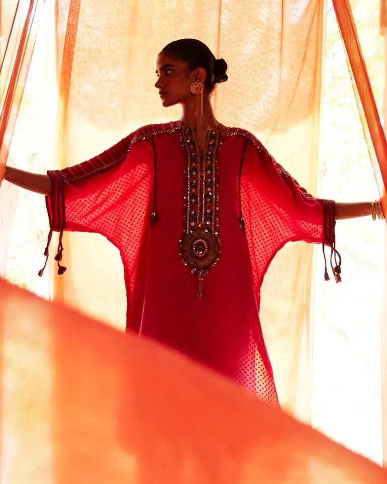 Pink Chanderi Kaftan Kurta Set