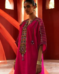Pink Chanderi Kaftan Kurta Set