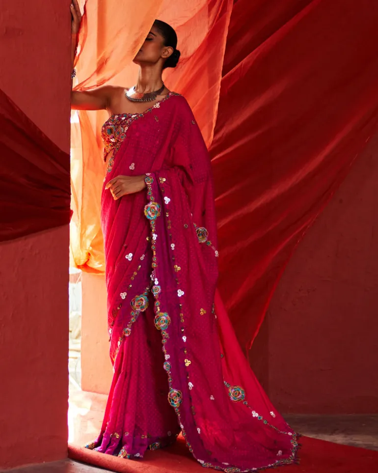 Pink Classic Embroidered Sari Set