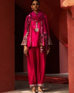 Pink Embroidered Kurta With Cropped Salwar Set