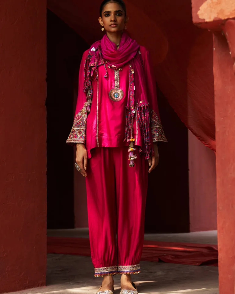Pink Embroidered Kurta With Cropped Salwar Set