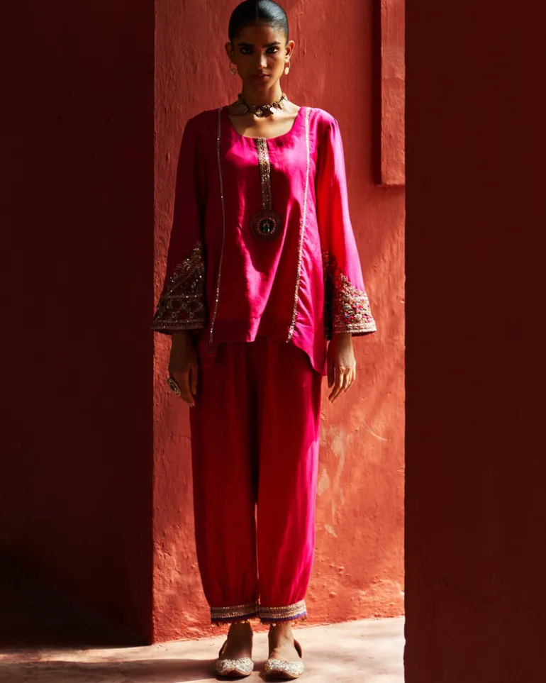 Pink Embroidered Kurta With Cropped Salwar Set