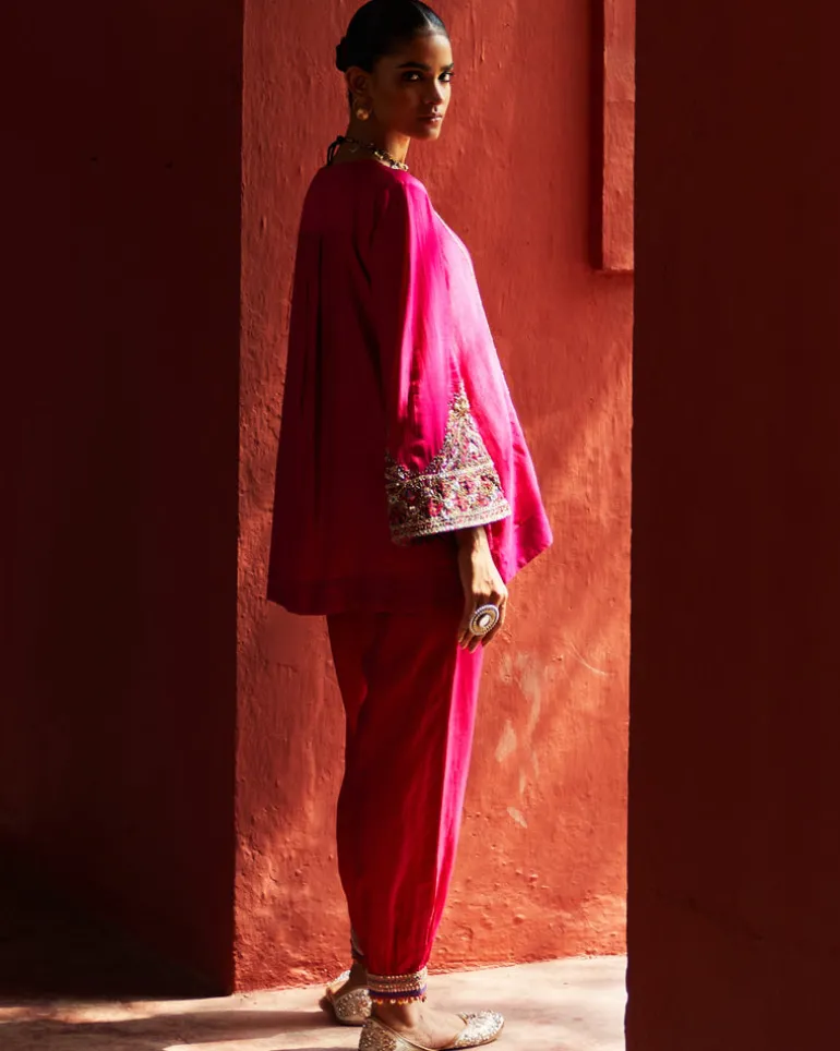 Pink Embroidered Kurta With Cropped Salwar Set