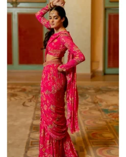 Pink Floral Printed Pre Draped Sari Set