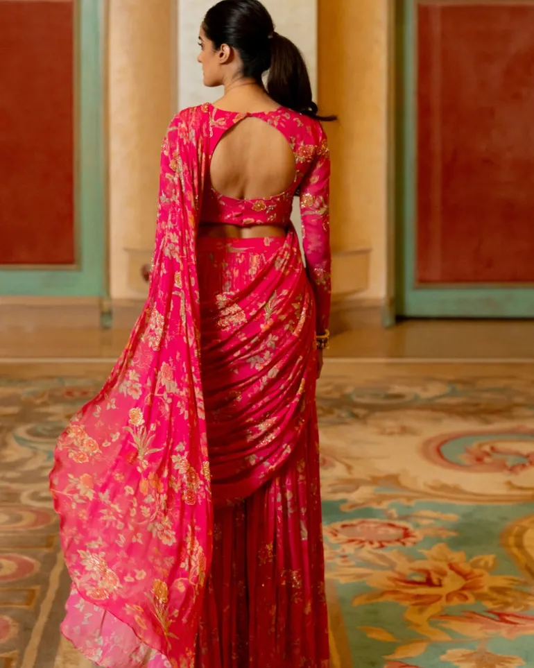 Pink Floral Printed Pre Draped Sari Set