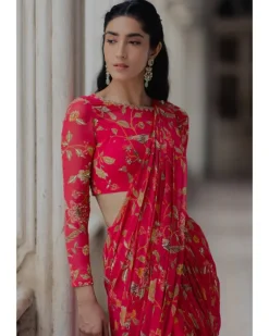 Pink Georgette Embroidery Pre-Stitched Sari Set