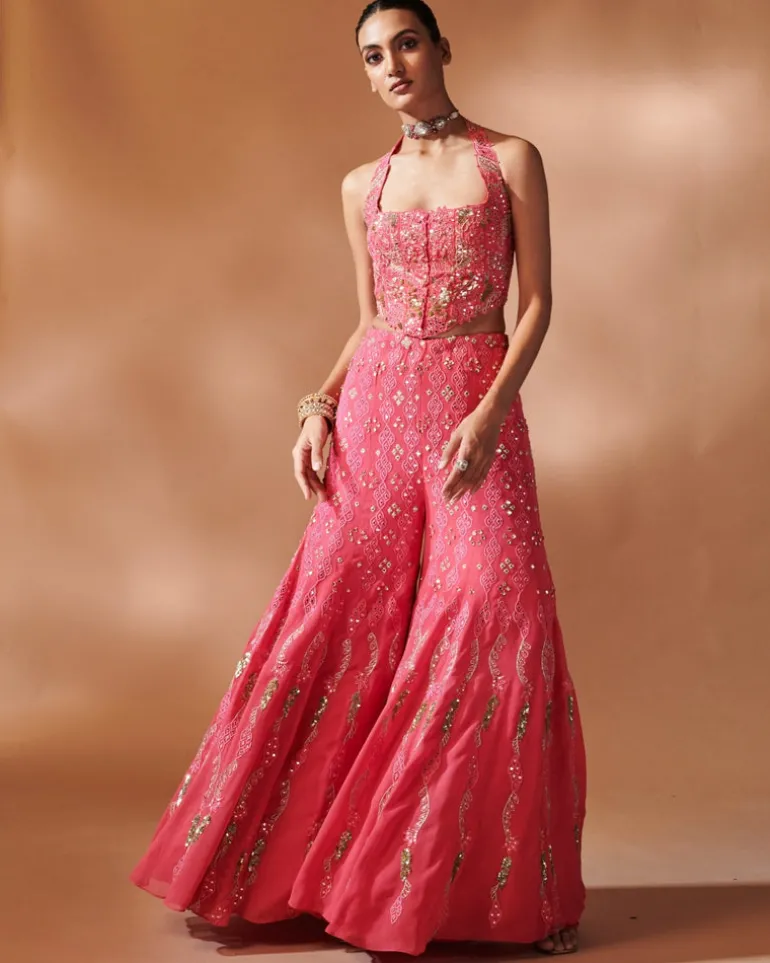 Pink High Waist Sharara With A Corset Blouse