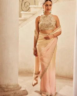 Pink Ivory Ombre Organza Sari Set
