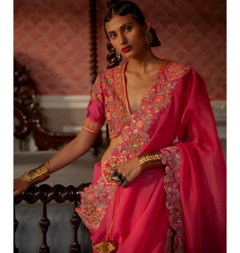 Pink Mughal Cutwork Organza Sari Set