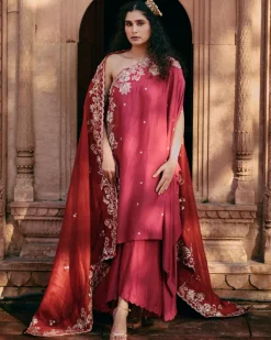 Pink One Shoulder Kurta With Asymmetrical Palazzo set
