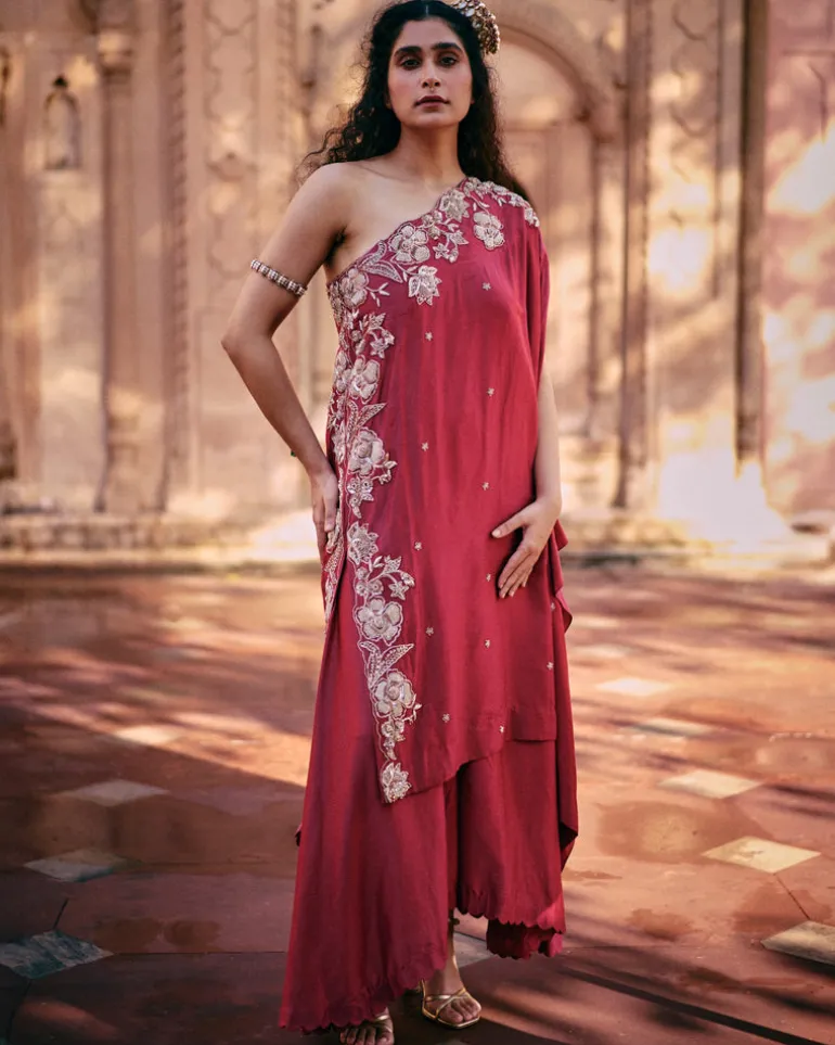 Pink One Shoulder Kurta With Asymmetrical Palazzo set