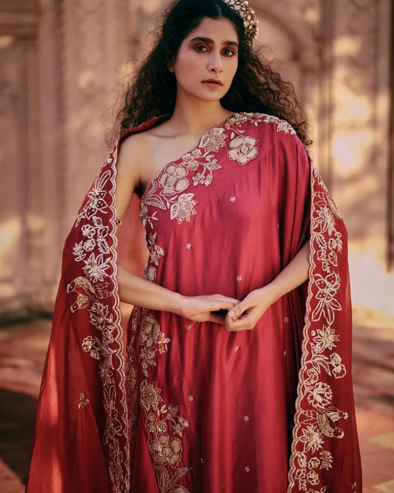 Pink One Shoulder Kurta With Asymmetrical Palazzo set