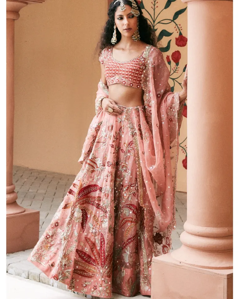 Pink Organza Embroidered Lehenga Set