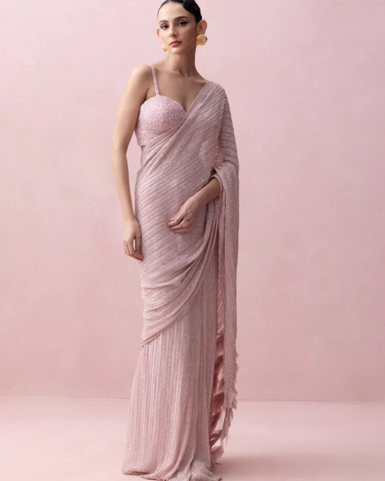 Pink Pre-Stitched Swarovski Sari