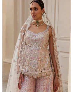 Pink Raw Silk Mirror Sharara Set