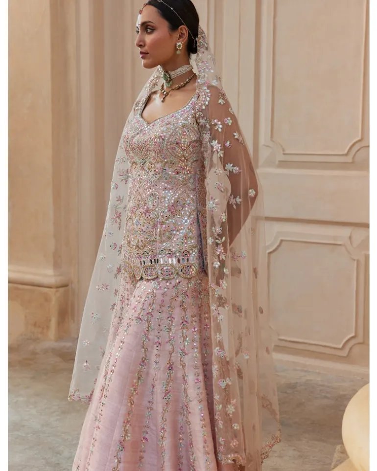Pink Raw Silk Mirror Sharara Set