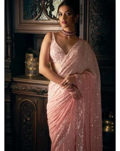 Pink Sequin Georgette Sari Set