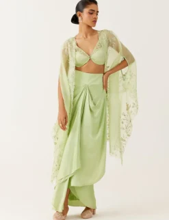 Pistachio Green Sequined Cape And Draped Skirt Set