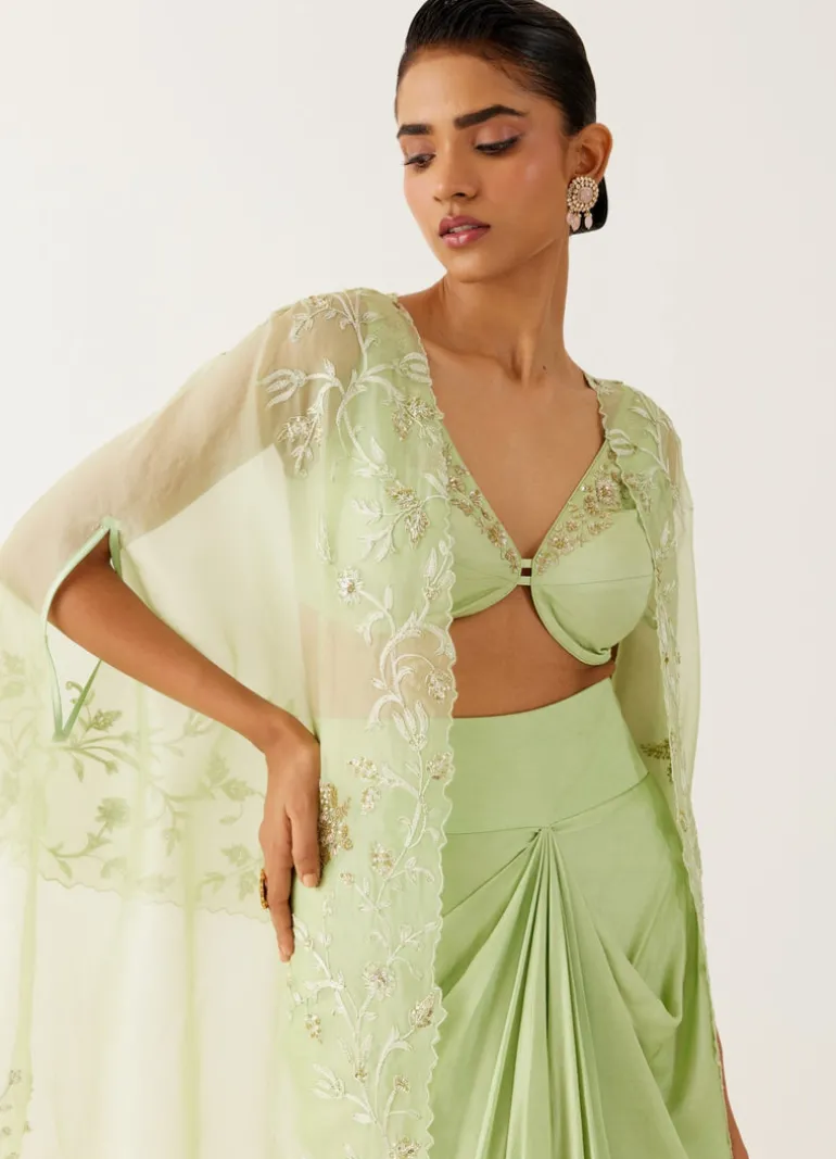 Pistachio Green Sequined Cape And Draped Skirt Set