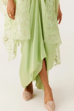 Pistachio Green Sequined Cape And Draped Skirt Set