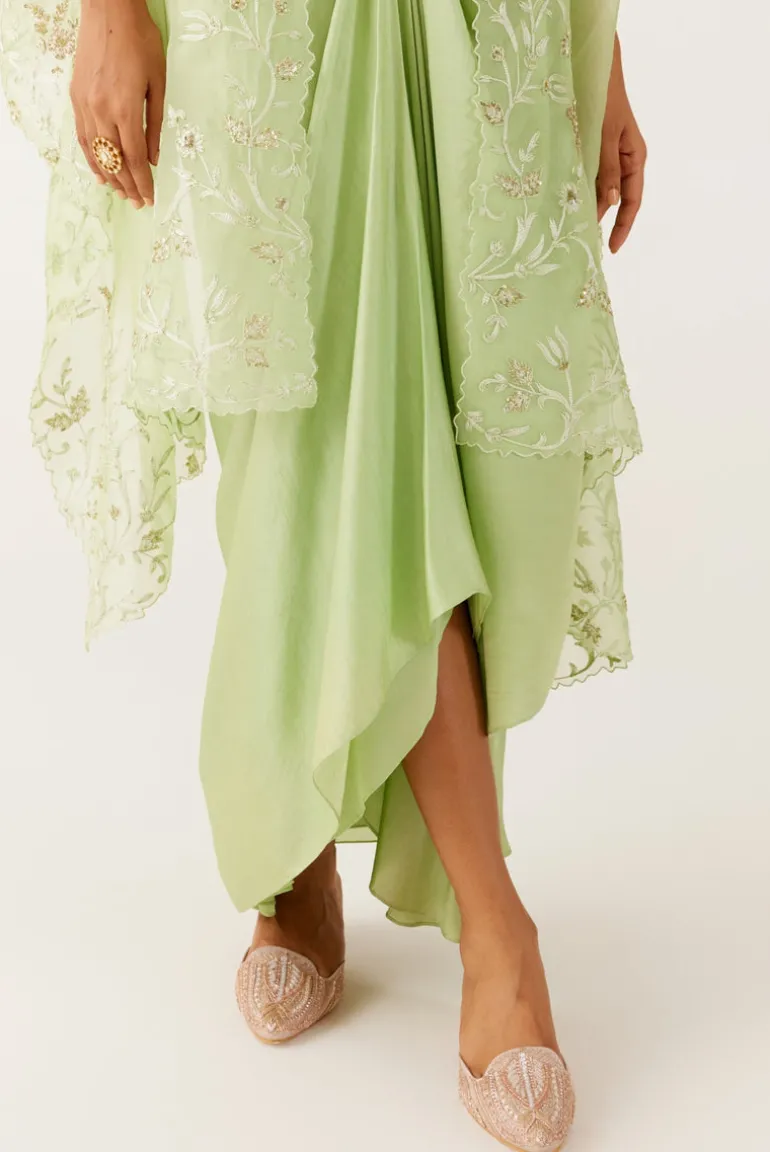 Pistachio Green Sequined Cape And Draped Skirt Set