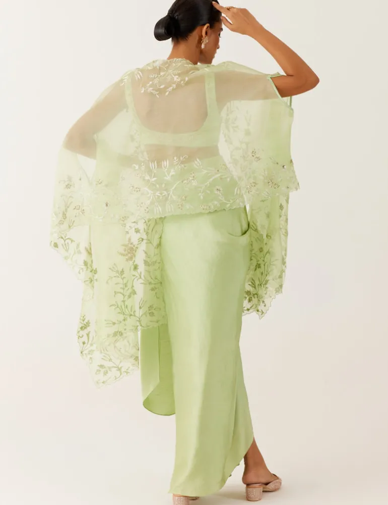 Pistachio Green Sequined Cape And Draped Skirt Set