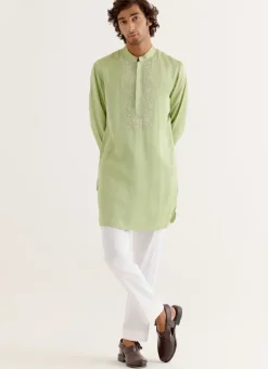 Pistachio Green Silk Satin Dori Embroidered Kurta Set