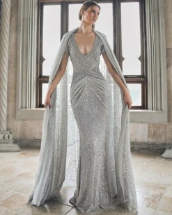 Platinum Dust Gown With Cape